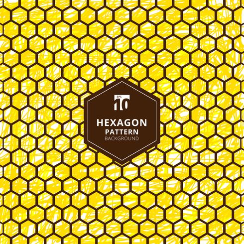Abstract hexagons pattern on brush hand draw yellow background. vector