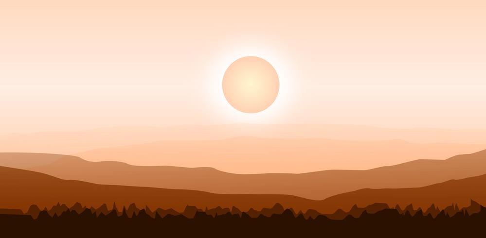 illustration Vector design background with hot summer landscape on mountains, forest.