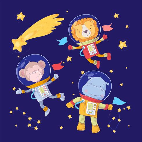 Set of cartoon cute animals monkey lion and hippo astronauts in space with stars and a comet for childrens illustration. Vector