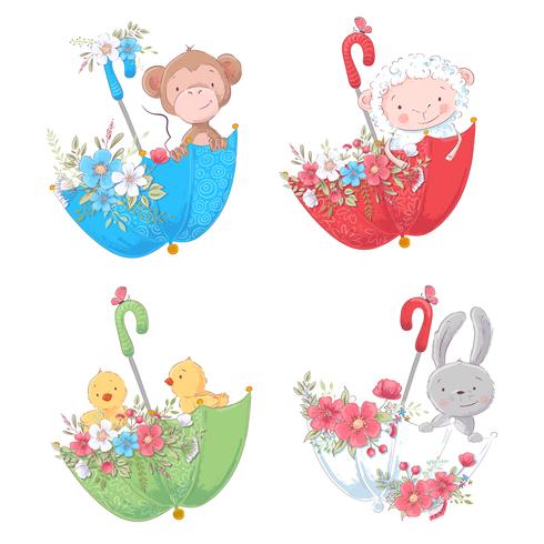 Set cartoon cute animals monkey, sheep chickens and bunny in umbels with flowers for children's illustration. Vector