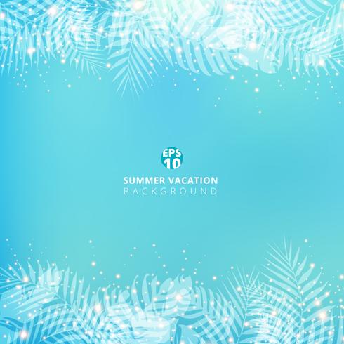 Summer blue blurred background with header footers palm leaves. vector