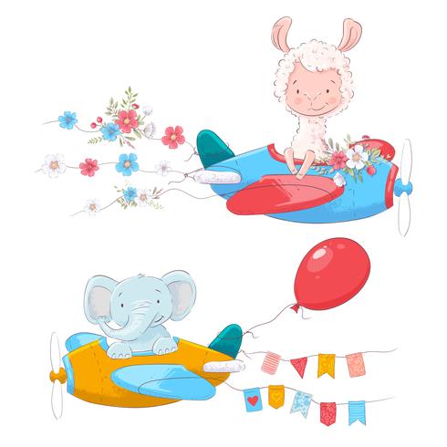 Set of cute cartoon animals Lama and an elephant on a plane with flowers and flags for children illustration. vector