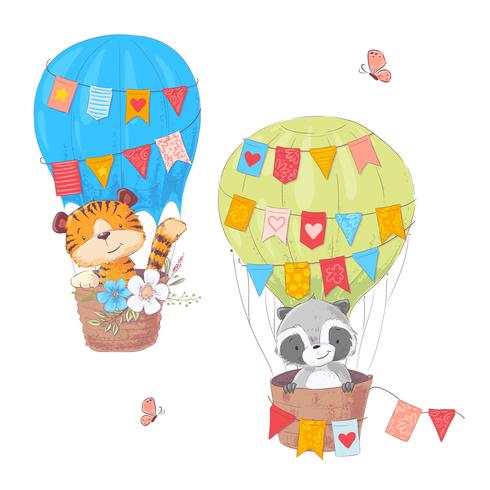 Conjunto de dibujos animados lindos animales León y mapache en un globo con flores y banderas para niños ilustración. Vector