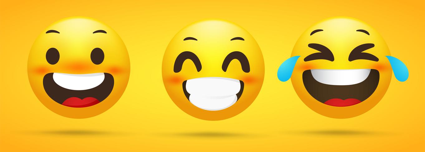 Emoji colección que muestra emociones felices. Chistes divertidos en un fondo amarillo. vector