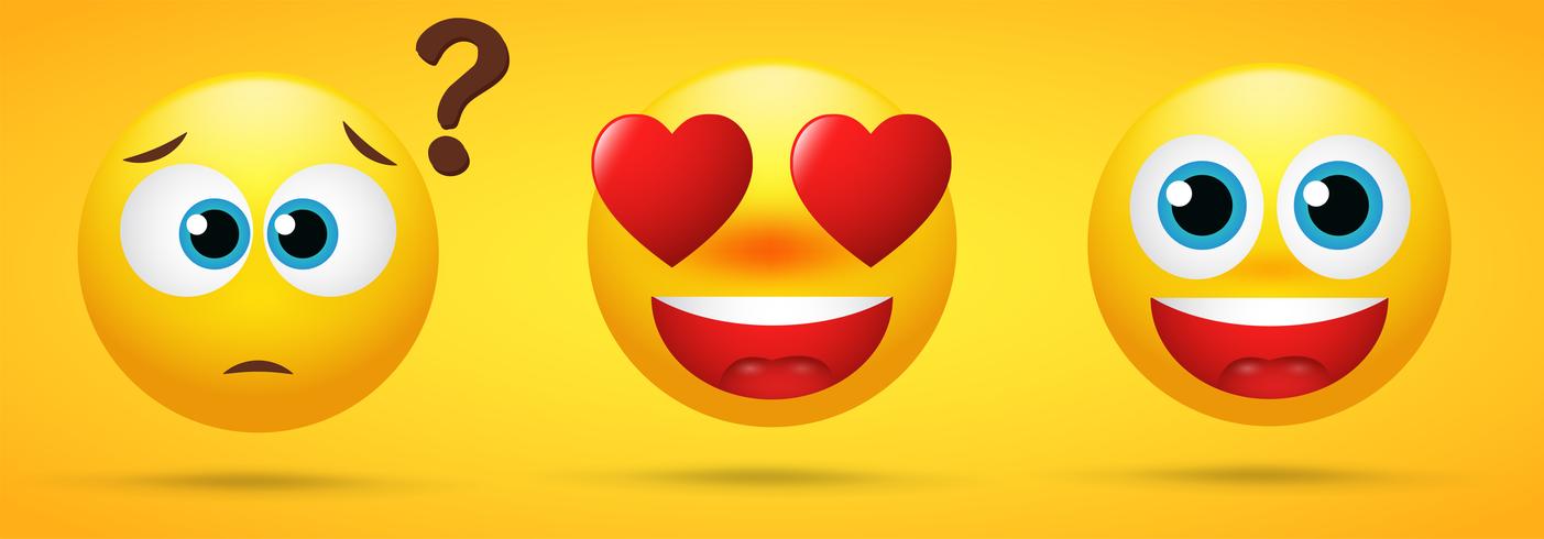 Colección Emoji que muestra emociones, trance, maravilla, amor y emoción en un fondo amarillo. vector