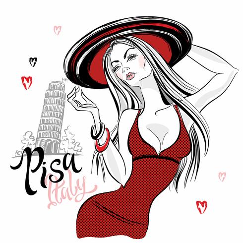 Beautiful girl in a hat on the background of the leaning tower of Pisa in Italy. Travel. Tourist. Vector
