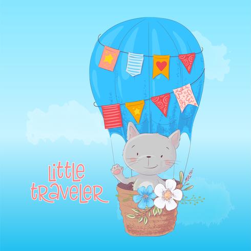 Cartoon cute cat and bird is flying on balloon vector