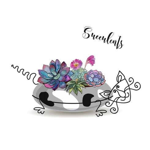 Decorative composition of succulents. In a flower pot in the form of a spotted cat. Graphics watercolor. Vector. vector