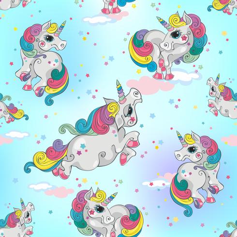 Seamless pattern with magic unicorns. Blue sky background with stars. For boys. Vector. vector