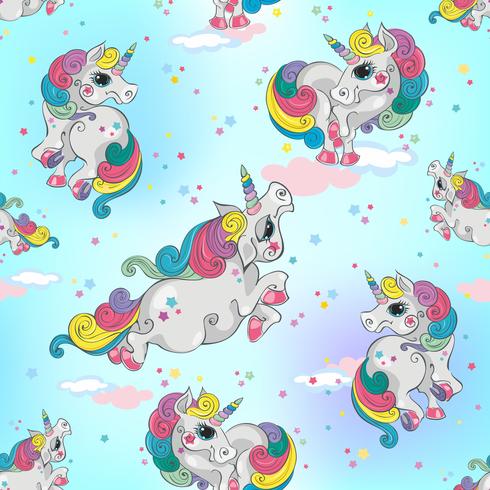 Seamless pattern with magic unicorns. Blue sky background with stars. For boys. Vector. vector