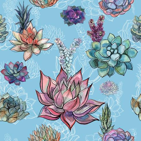 Seamless pattern with succulents on blue background. Graphics. Watercolor vector