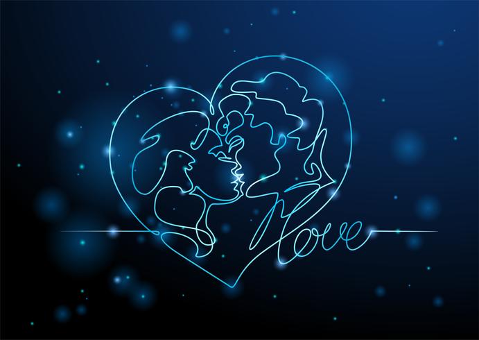 Amantes del hombre y la mujer besándose. Corazón de neón Enamorado. Gráficos de neón. Vector