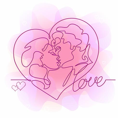 Continuous line drawing - a couple of kisses. Loving man and woman. Heart. Love. Valentine card . Vector. vector