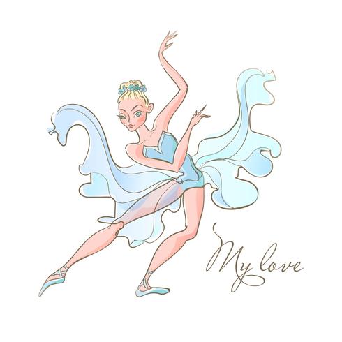 Bailarina niña Ballet. Una bailarina con un vestido azul. Mi amor. Inscripción. Vector. vector