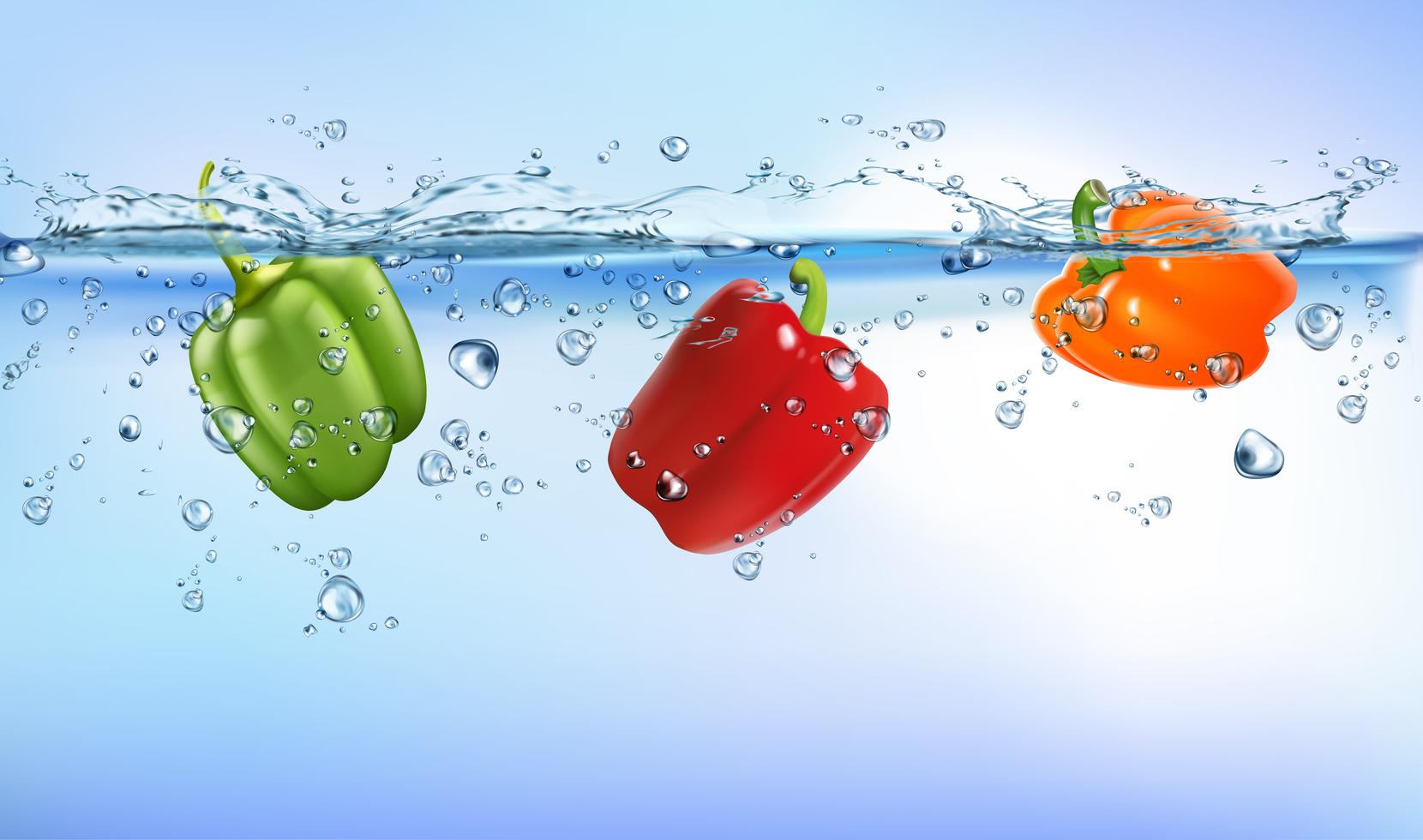 fresh vegetables splashing into blue clear water splash healthy food