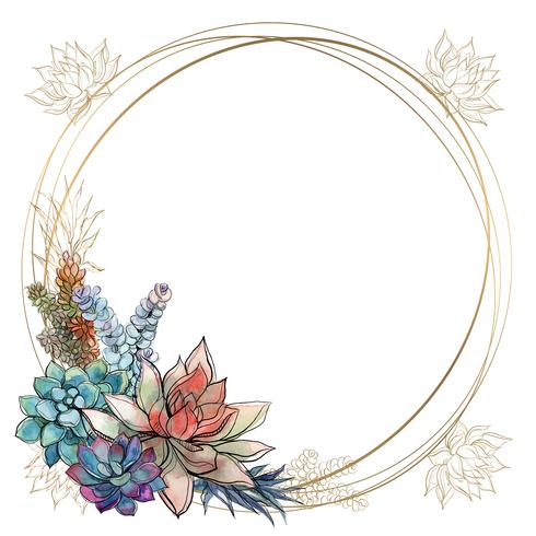 The frame is round. Gold frame with succulents flowers. Watercolor. Graphics vector