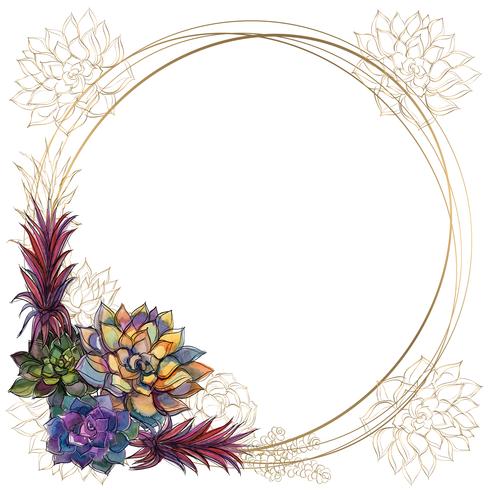 Round gold frame with succulents. Vector. Watercolor. Graphics vector