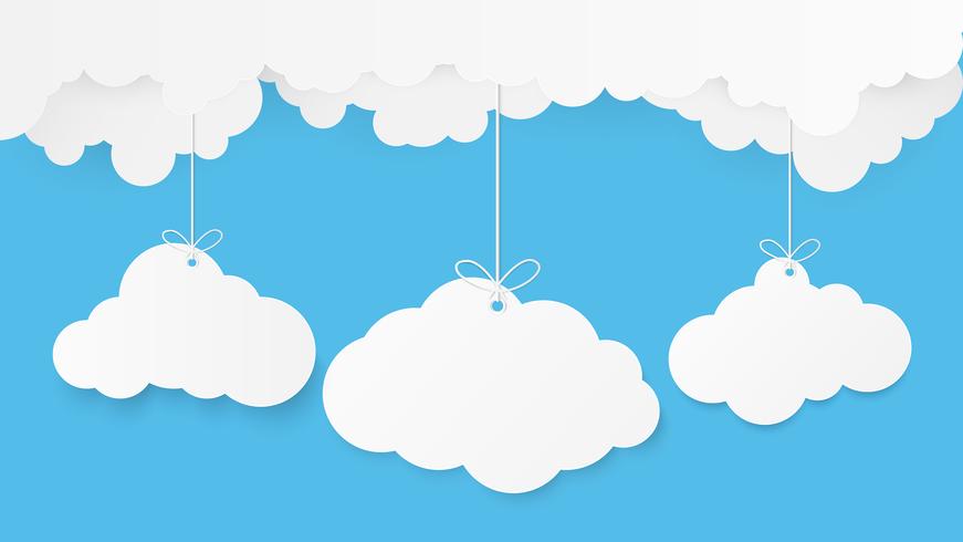 Arte de papel con la nube en el cielo azul. Copia espacio Burbuja del discurso, blanco en blanco colgando. vector