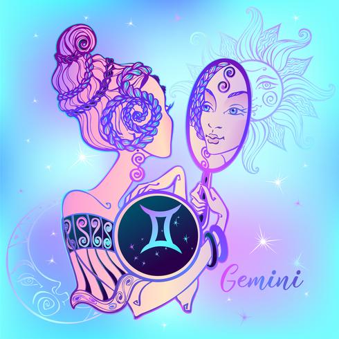 Signo del zodiaco Géminis hermosa niña. Horóscopo. Astrología. vector