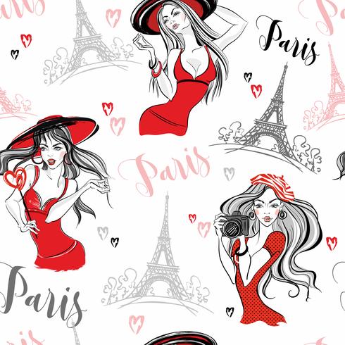 Seamless pattern. Elegant girls in Paris. Vector