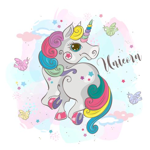 Unicornio mágico. Mi bebé. Pony de hadas Melena del arco iris Estilo de dibujos animados Vector