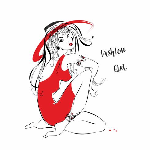Chica de moda en un sombrero. Chica en vestido rojo vector. vector