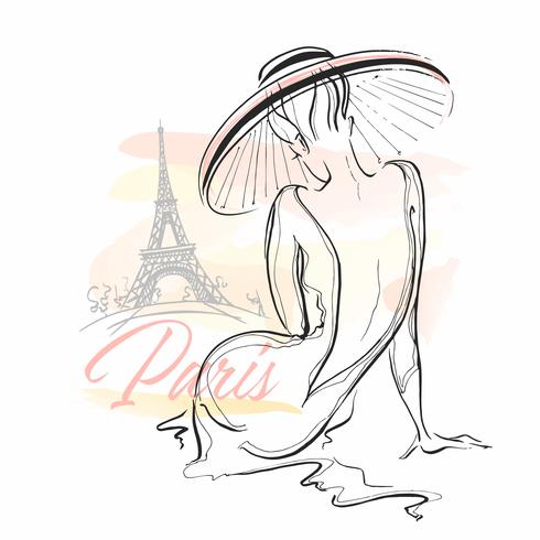 Elegant girl in a hat in Paris. Stylish model. Vector
