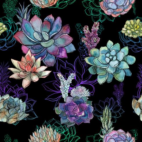 Nahtloses Muster Mit Succulents Auf Schwarzem Hintergrund Grafik