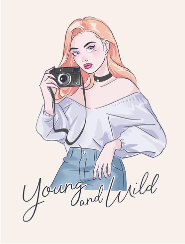 typography slogan with cute girl and camera illustration vector