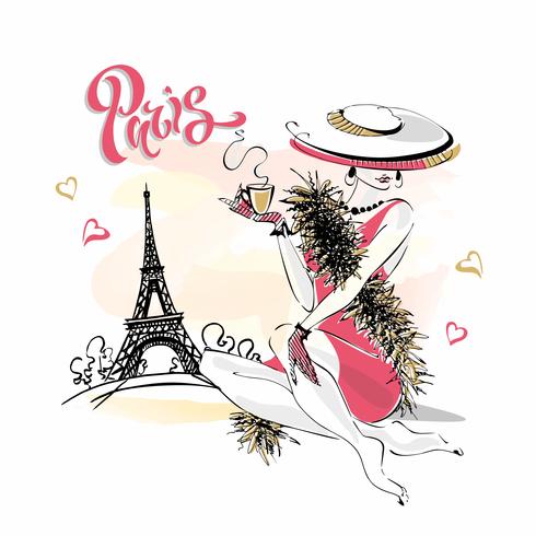 The girl in the hat drinks coffee. Fashion model in Paris. Eiffel tower. Romantic composition. Elegant model on vacation. Vector