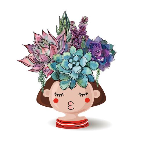 Girl with flowers succulents. Watercolor. Vector illustrations.