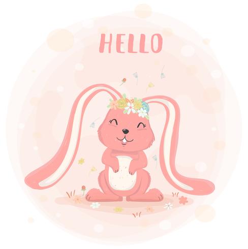 cute bunny with flower crown in spring  flat vector