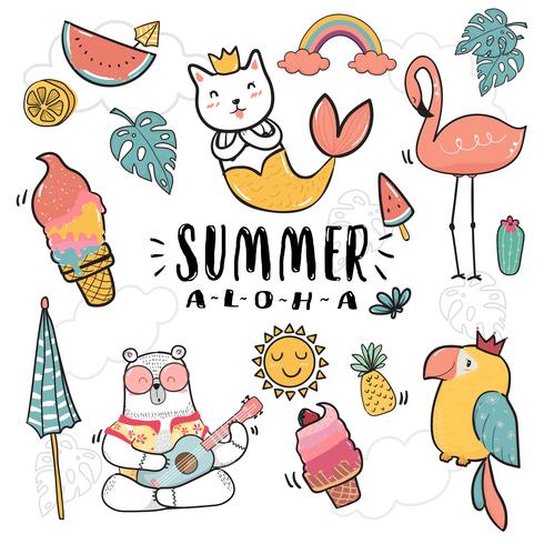 hand draw cute doodle icon summer collection  flat vector illustration