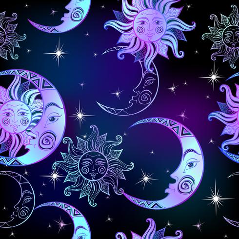 Seamless pattern. Sun moon and stars. Space background. Night sky. A magical fairy backdrop. Vector