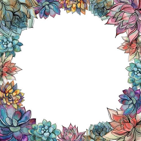 Round frame made of succulents. Holiday card. Watercolor. Graphics. Vector. vector