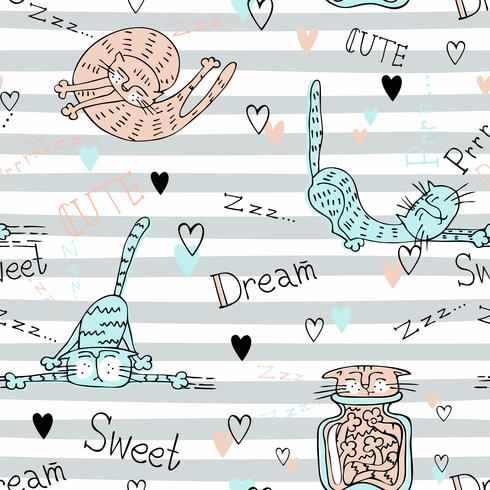 Cute cats on striped pattern background . Vector. vector
