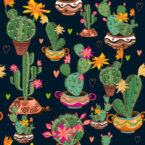 Hand drawn decorative seamless pattern with cacti and succulents. vector