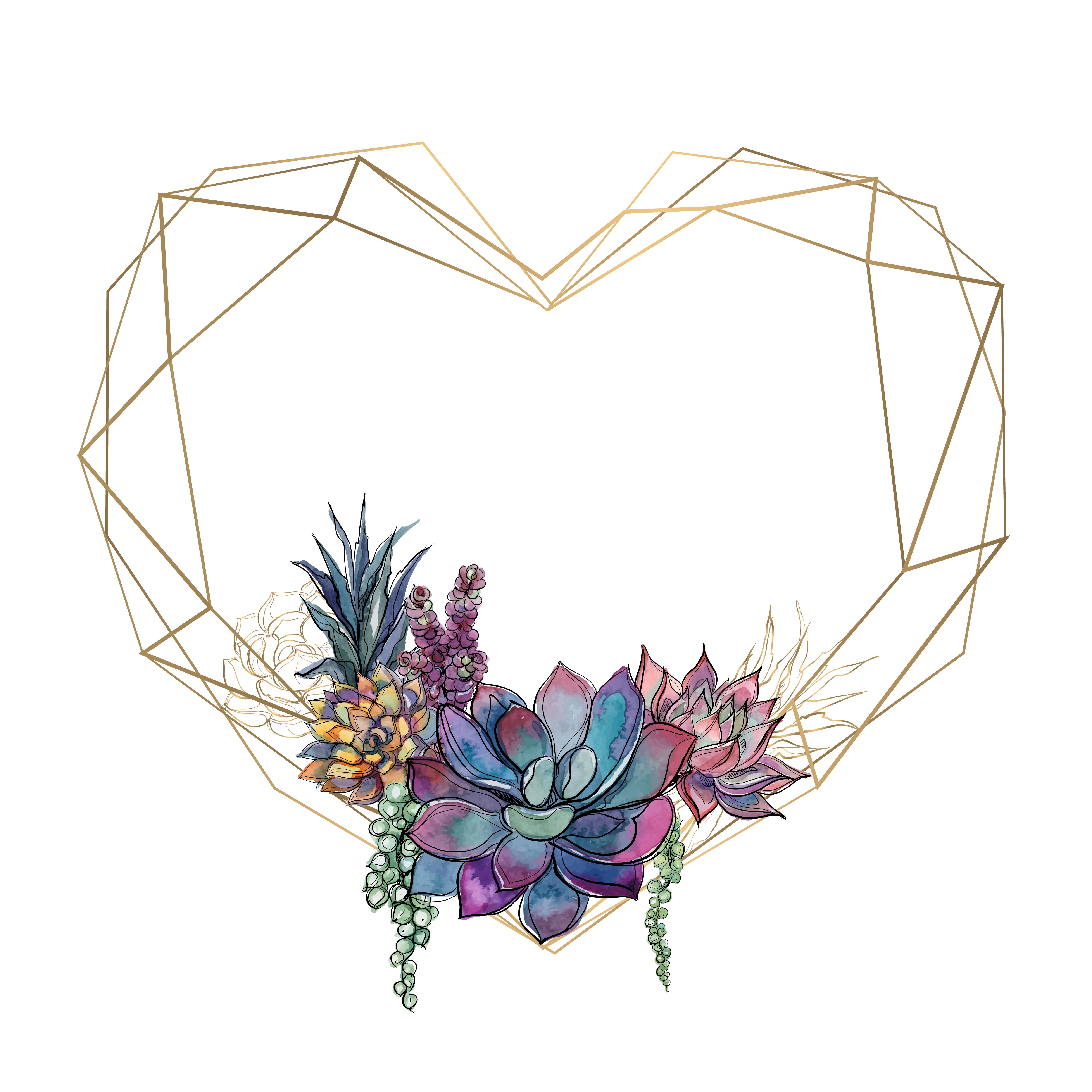 Download Gold heart frame with succulents. Valentine. Watercolor.Graphics. Vector. 600934 Vector Art at ...