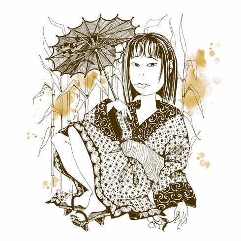 Japanese girl in kimono with umbrella. Vector. vector