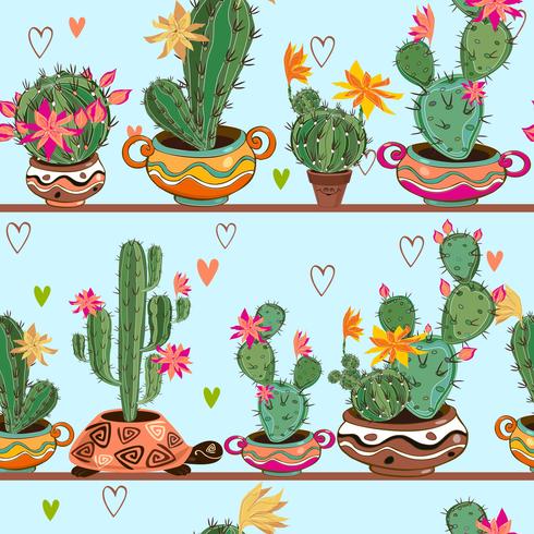 Seamless pattern. Cartoon cacti in pots are on the shelves. Vector. vector