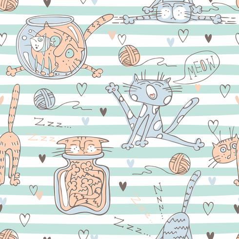 Cute cats on striped pattern background . Vector. vector