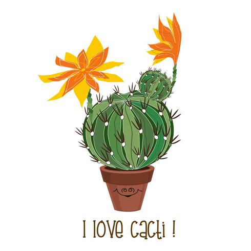 Round blooming cactus. Cacti in a pot . Vector illustration.