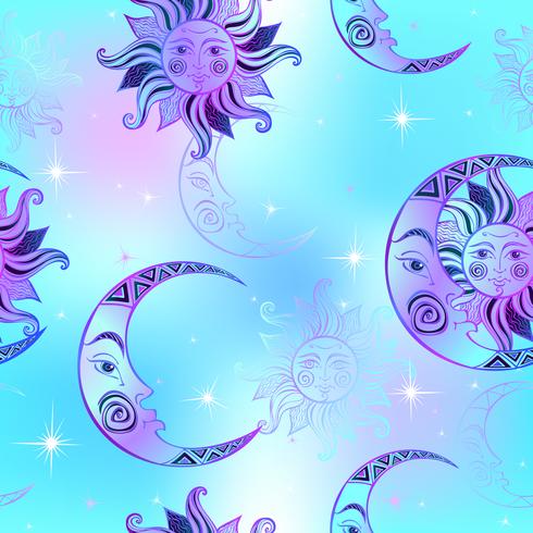 Seamless pattern. Sun moon and stars. Space background. Night sky. A magical fairy backdrop. Vector