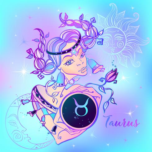 Zodiac sign Taurus a beautiful girl. Horoscope. Astrology. Vector