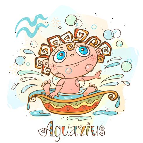 Icono del horóscopo infantil. Zodiaco para niños. Signo de acuario. Vector. Símbolo astrológico como personaje de dibujos animados. vector