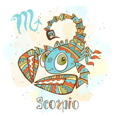 Icono del horóscopo infantil. Zodiaco para niños. Signo de escorpio. Vector. Símbolo astrológico como personaje de dibujos animados. vector