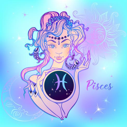 Signo del zodiaco Piscis una niña hermosa. Horóscopo. Astrología. Vector. vector