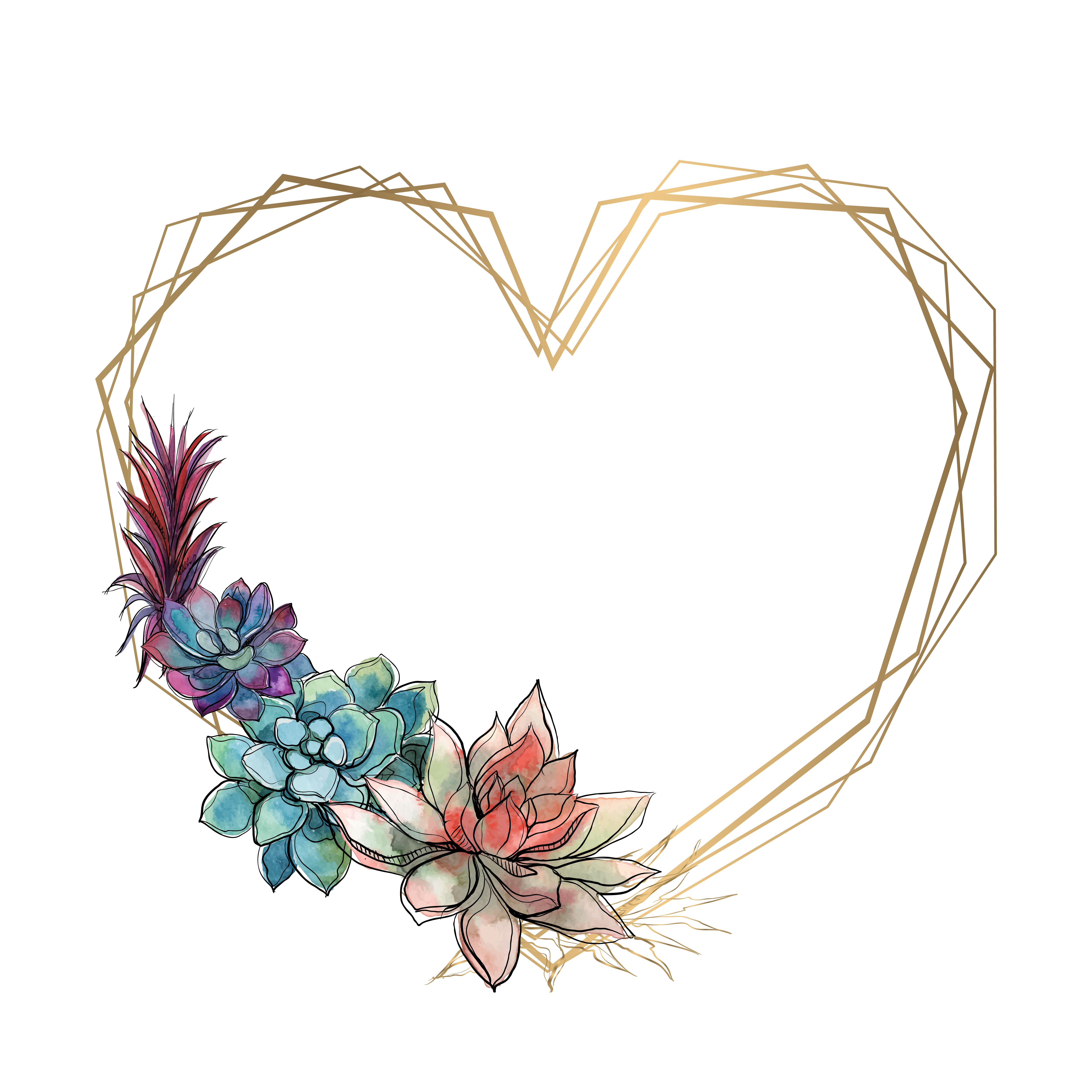 Gold heart frame with succulents. Valentine. Watercolor ...