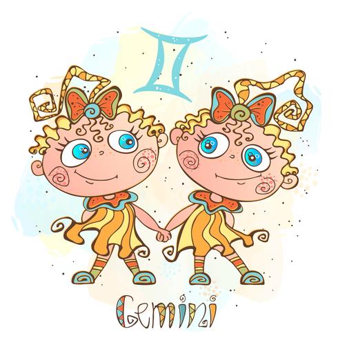 Icono del horóscopo infantil. Zodiaco para niños. Signo de Géminis. Vector. Símbolo astrológico como personaje de dibujos animados. vector