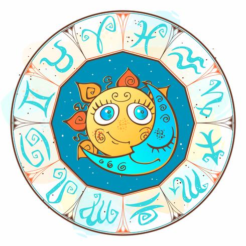 Sun and moon in the zodiac circle. Children's cute style. Vector. vector